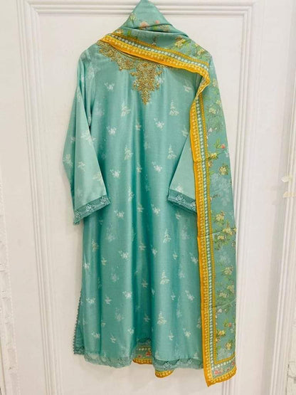 AGHANOOR TWO PIECE 100% PURE SILK NET BEAUTIFUL EMBROIDERED SHIRT WITH DUPATTA