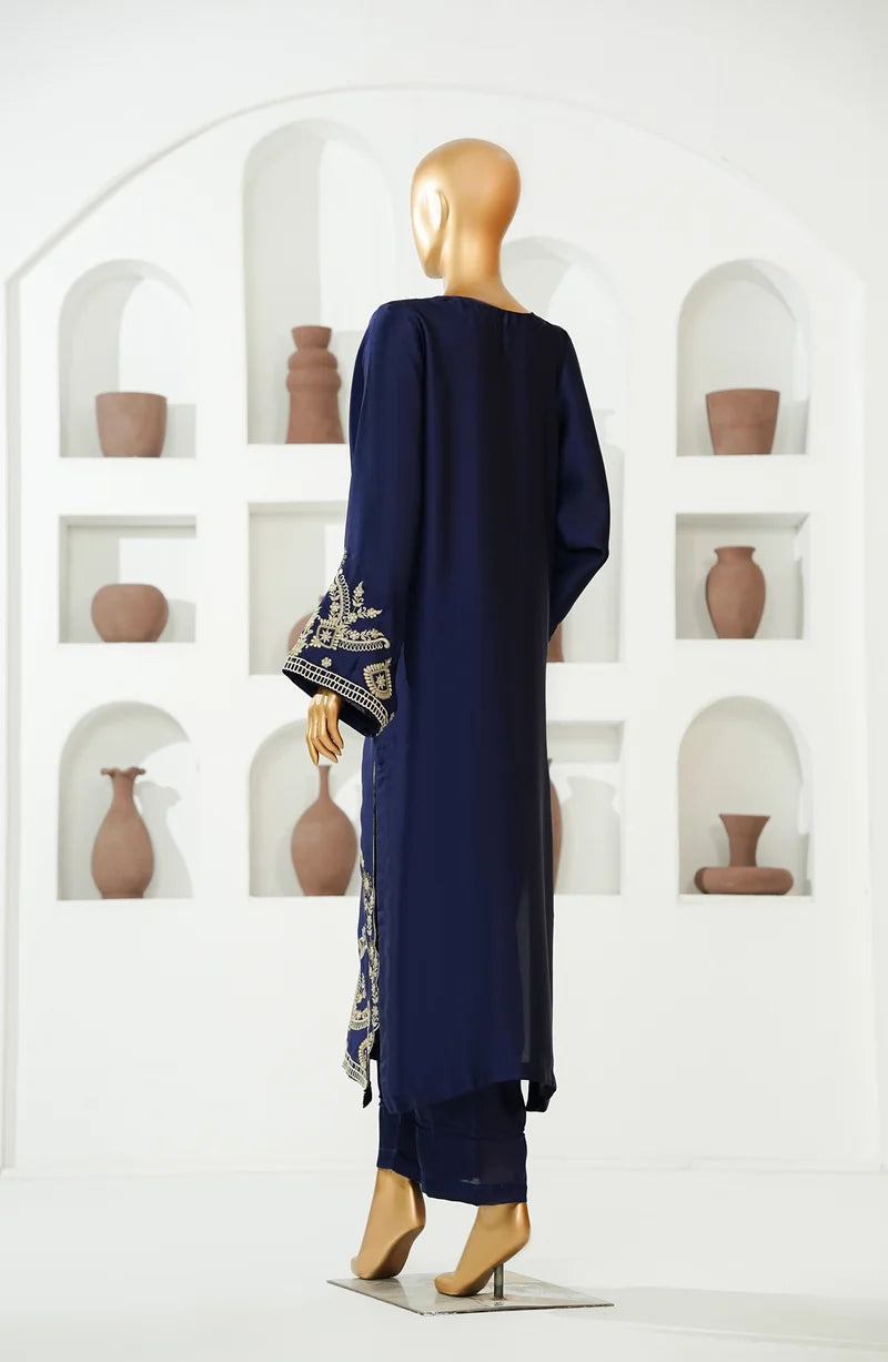 AMNA KHADIJA SILK EMBROIDERED CO-ORDS (SHIRT & PANTS)-Navy Blue