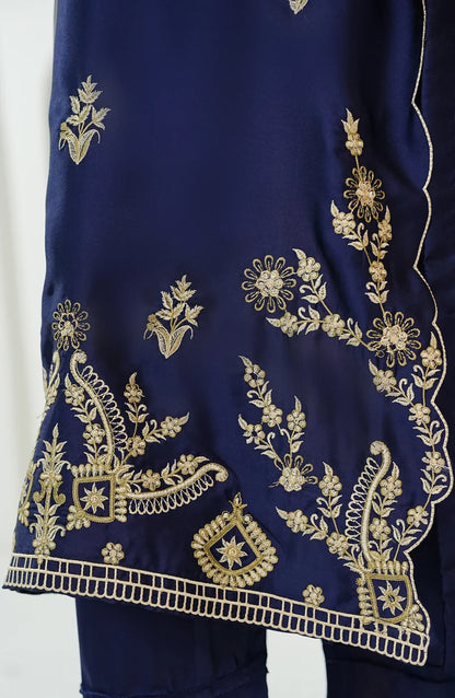 AMNA KHADIJA SILK EMBROIDERED CO-ORDS (SHIRT & PANTS)-Navy Blue