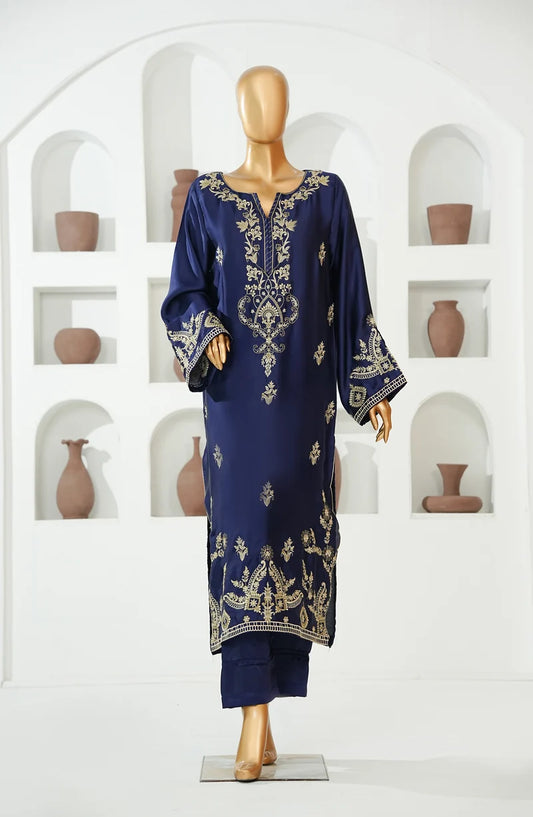 AMNA KHADIJA SILK EMBROIDERED CO-ORDS (SHIRT & PANTS)-Navy Blue