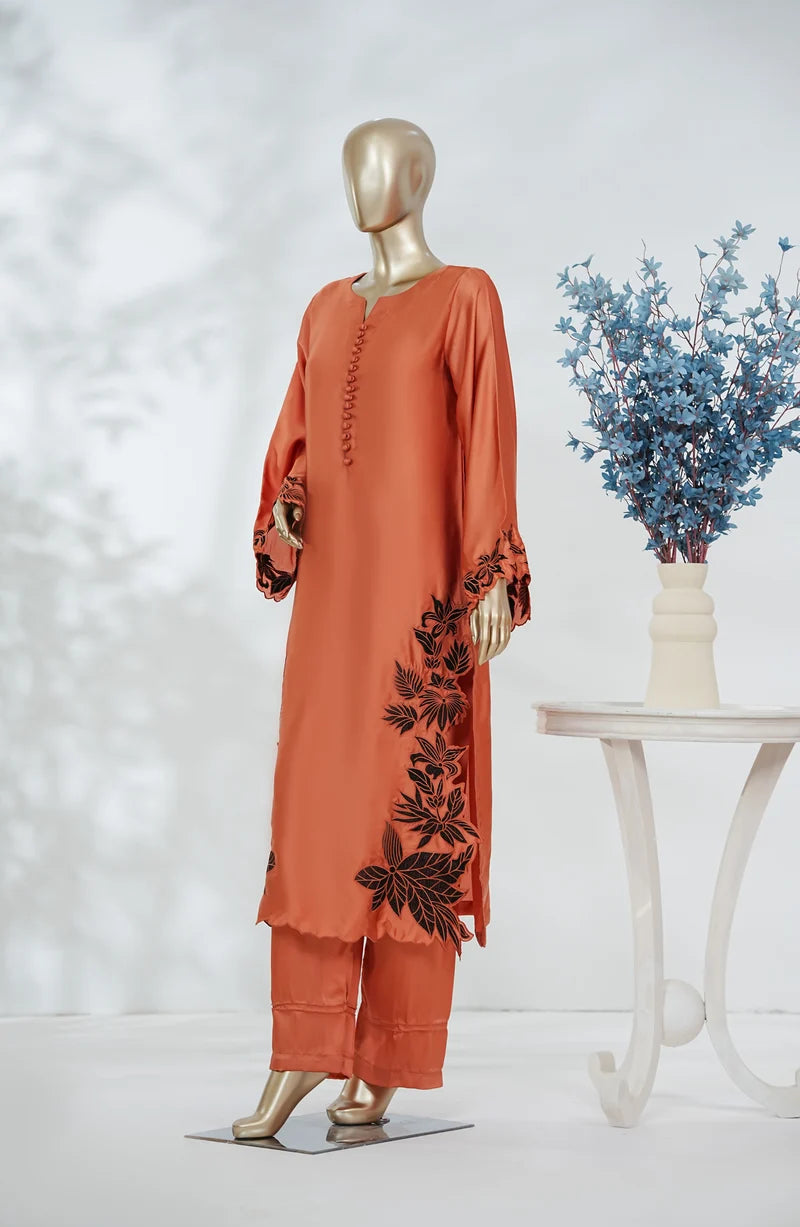 AMNA KHADIJA SILK PRET EMBROIDERED CO-ORDS-Rust