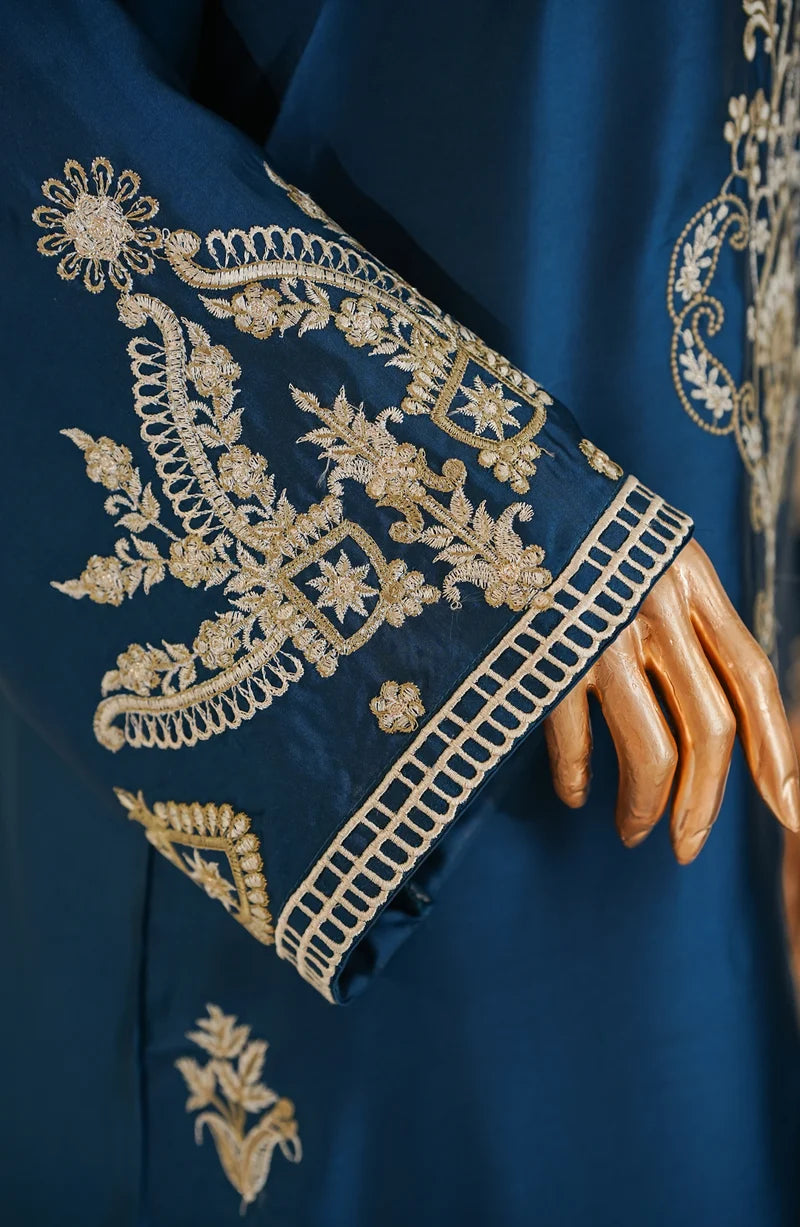 AMNA KHADIJA SILK EMBROIDERED CO-ORDS (SHIRT & PANTS)-Teal Blue
