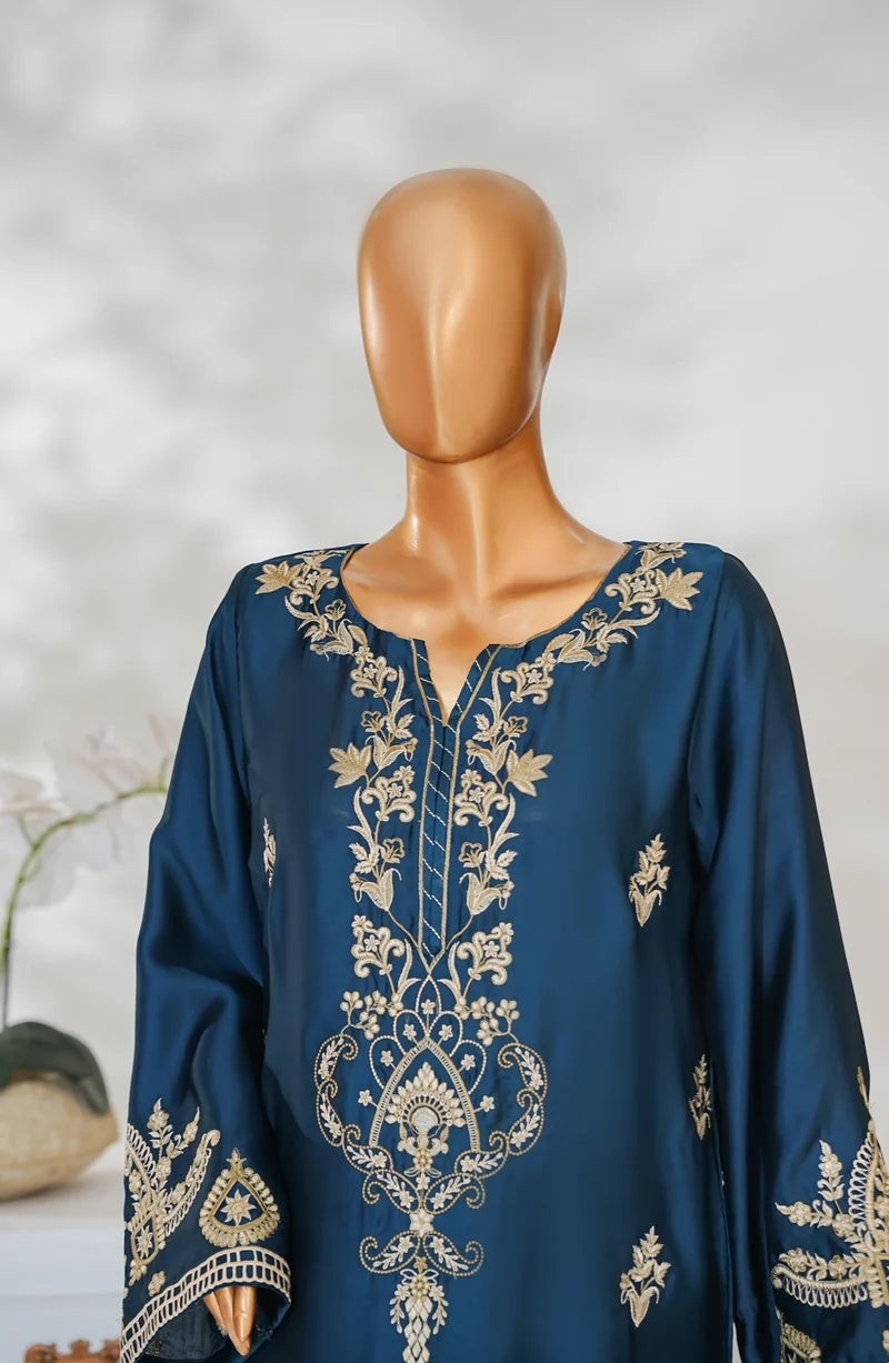AMNA KHADIJA SILK EMBROIDERED CO-ORDS (SHIRT & PANTS)-Teal Blue