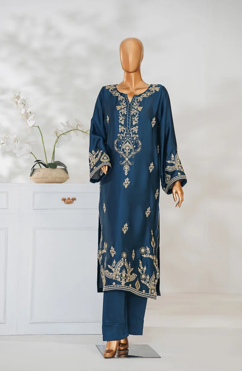AMNA KHADIJA SILK EMBROIDERED CO-ORDS (SHIRT & PANTS)-Teal Blue
