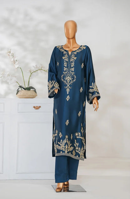 AMNA KHADIJA SILK EMBROIDERED CO-ORDS (SHIRT & PANTS)-Teal Blue