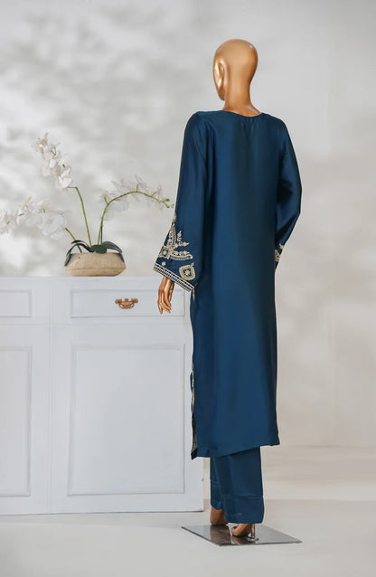 AMNA KHADIJA SILK EMBROIDERED CO-ORDS (SHIRT & PANTS)-Teal Blue