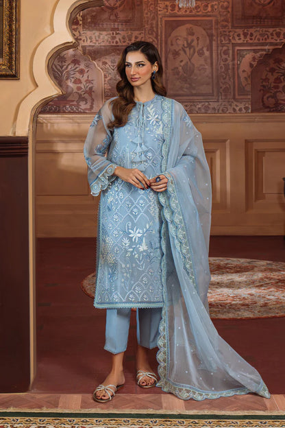 SAHAR Organza Festive Embroidered 3 Piece Suit-Sky Blue