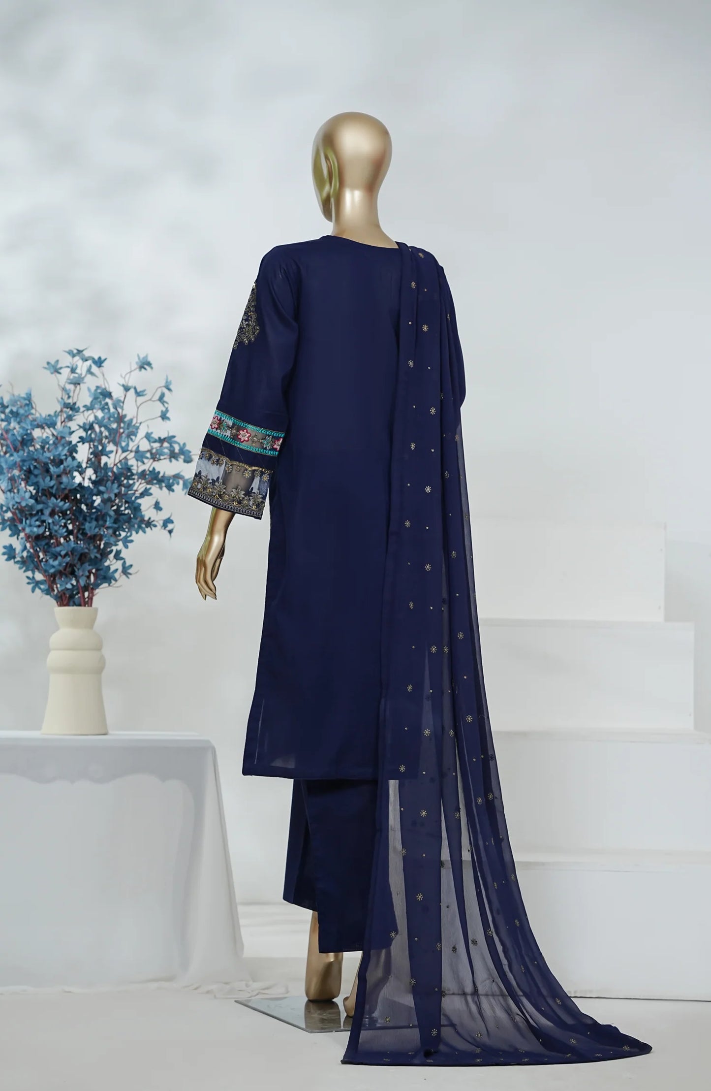 Amna Khadija Heavily Embroidered Cotton 3 Piece-Navy Blue