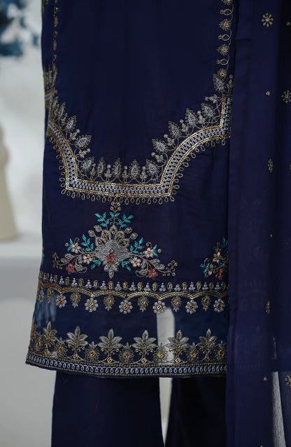 Amna Khadija Heavily Embroidered Cotton 3 Piece-Navy Blue