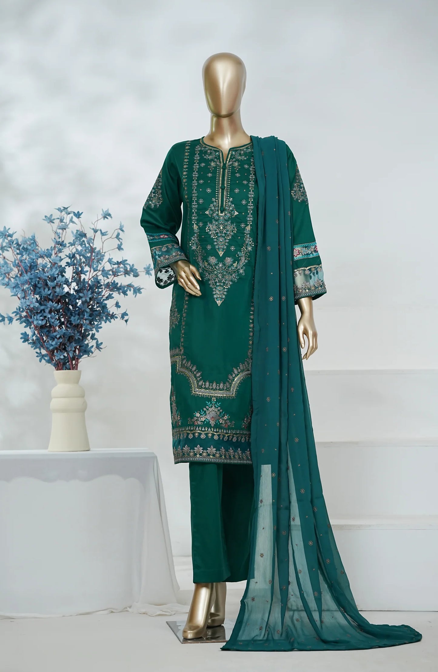 Amna Khadija Heavily Embroidered Cotton 3 Piece-Teal Blue