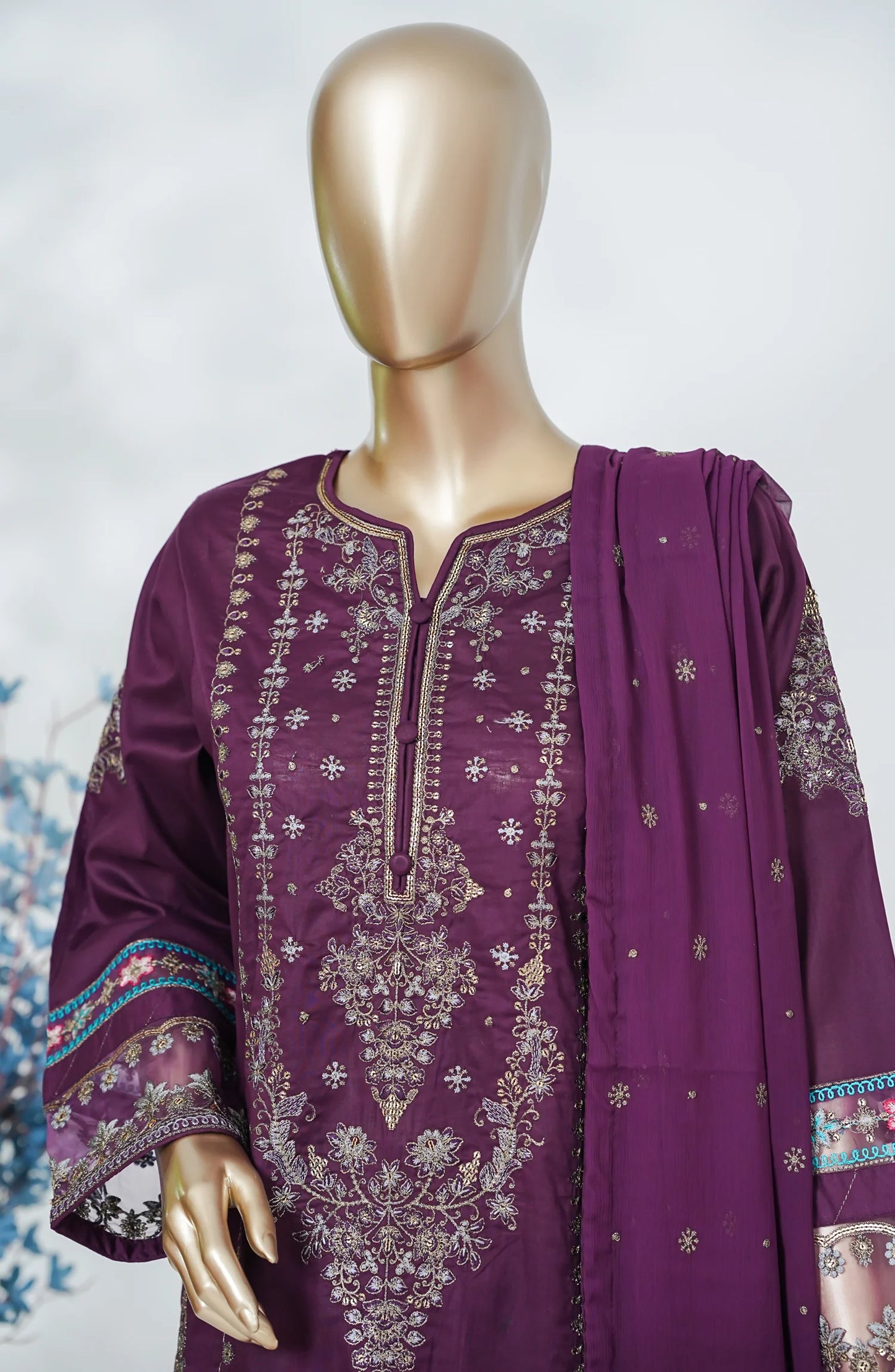 Amna Khadija Heavily Embroidered Cotton 3 Piece-Purple