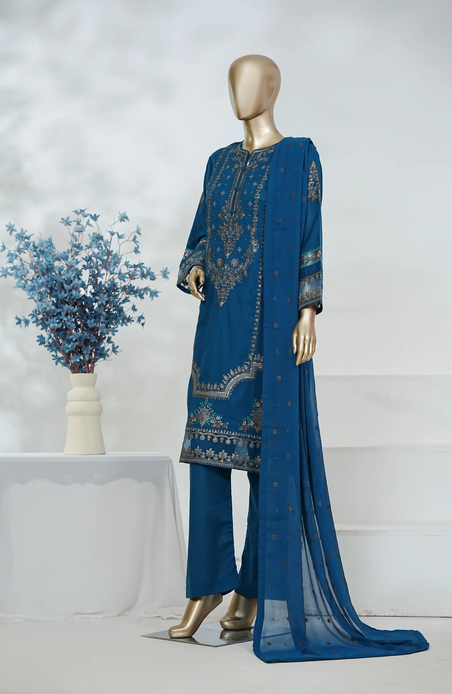 Amna Khadija Heavily Embroidered Cotton 3 Piece-Royal Blue