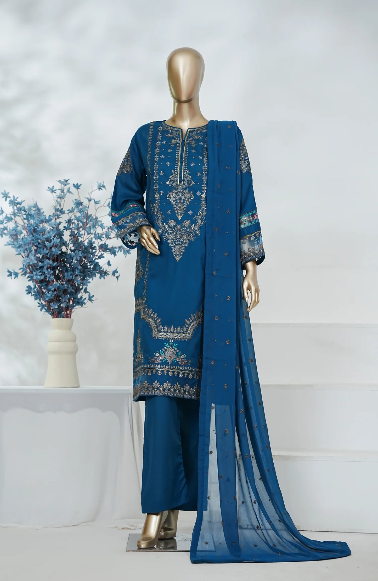 Amna Khadija Heavily Embroidered Cotton 3 Piece-Royal Blue