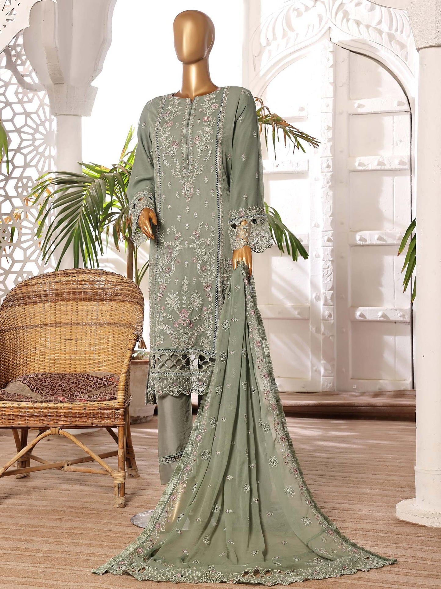 Sadabahar Stitched Embroidered Chiffon 3 Piece