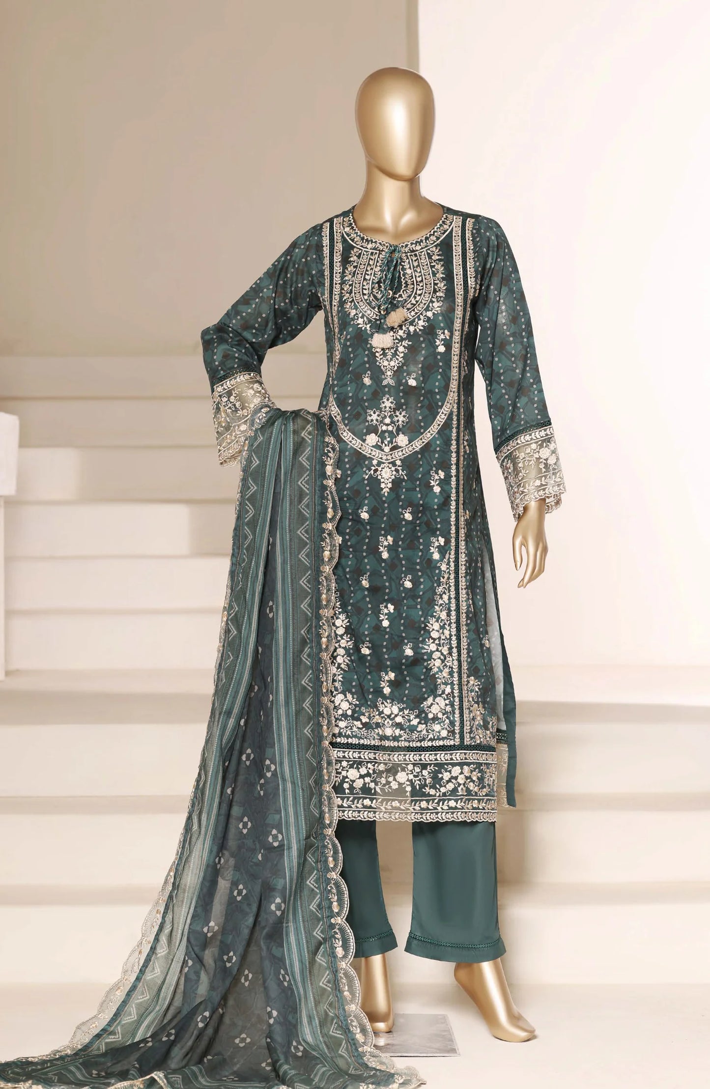 Sadabahar Signature Embroidered Lawn Cotton 3 Piece-Teal