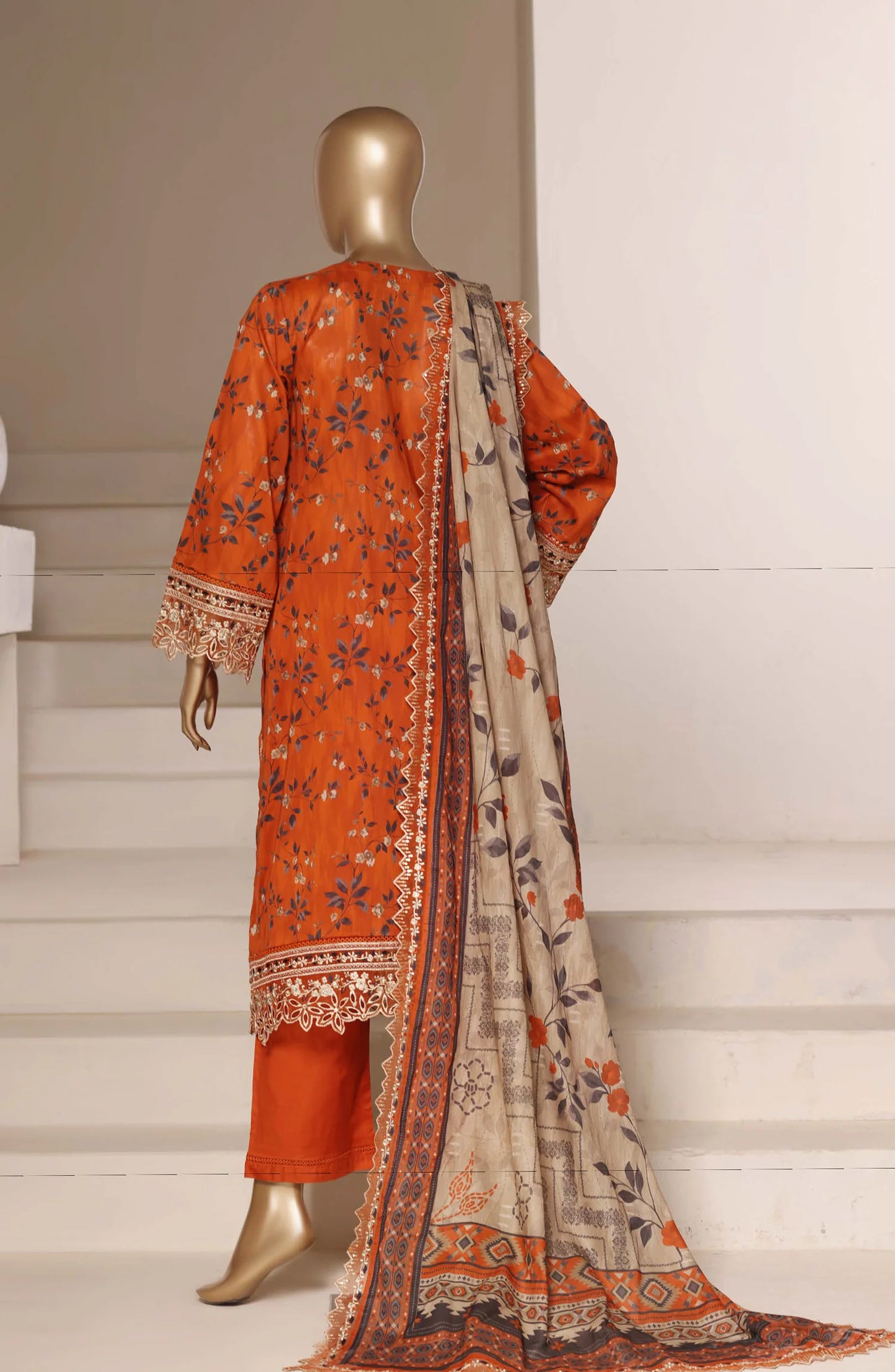Sadabahar Signature Embroidered Lawn Cotton 3 Piece-Orange