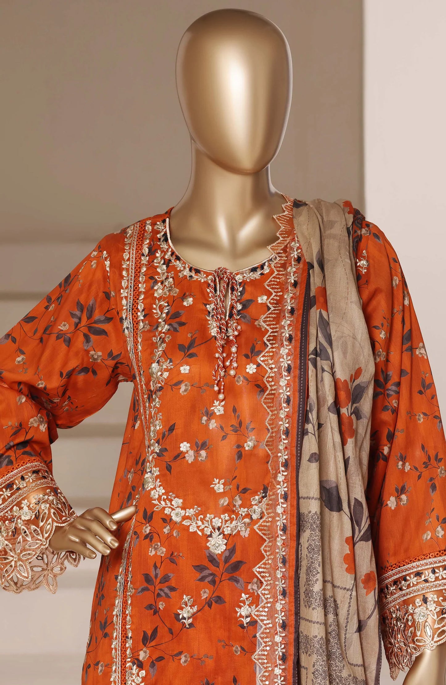 Sadabahar Signature Embroidered Lawn Cotton 3 Piece-Orange