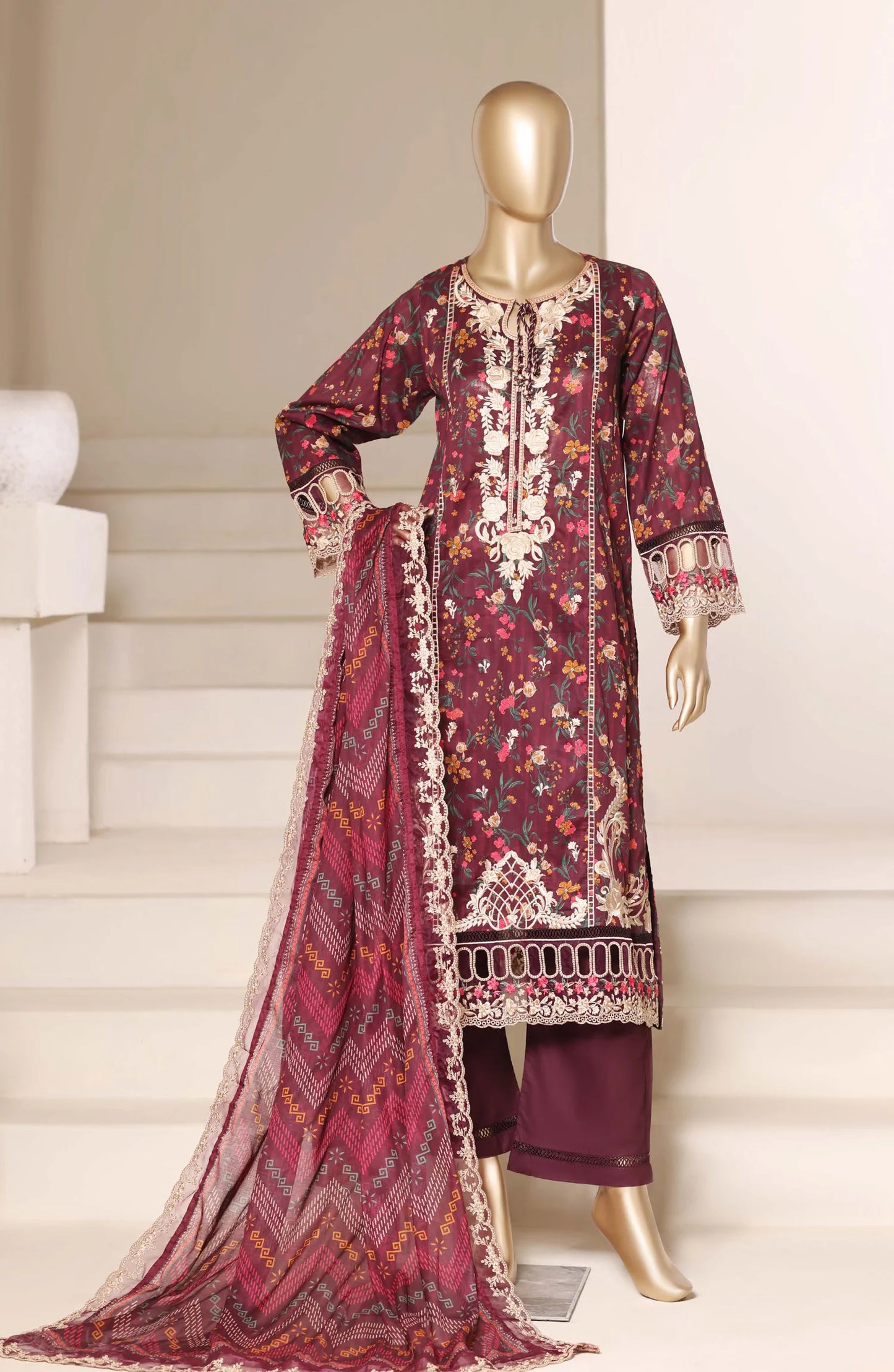 Sadabahar Signature Embroidered Lawn Cotton 3 Piece-Maroon