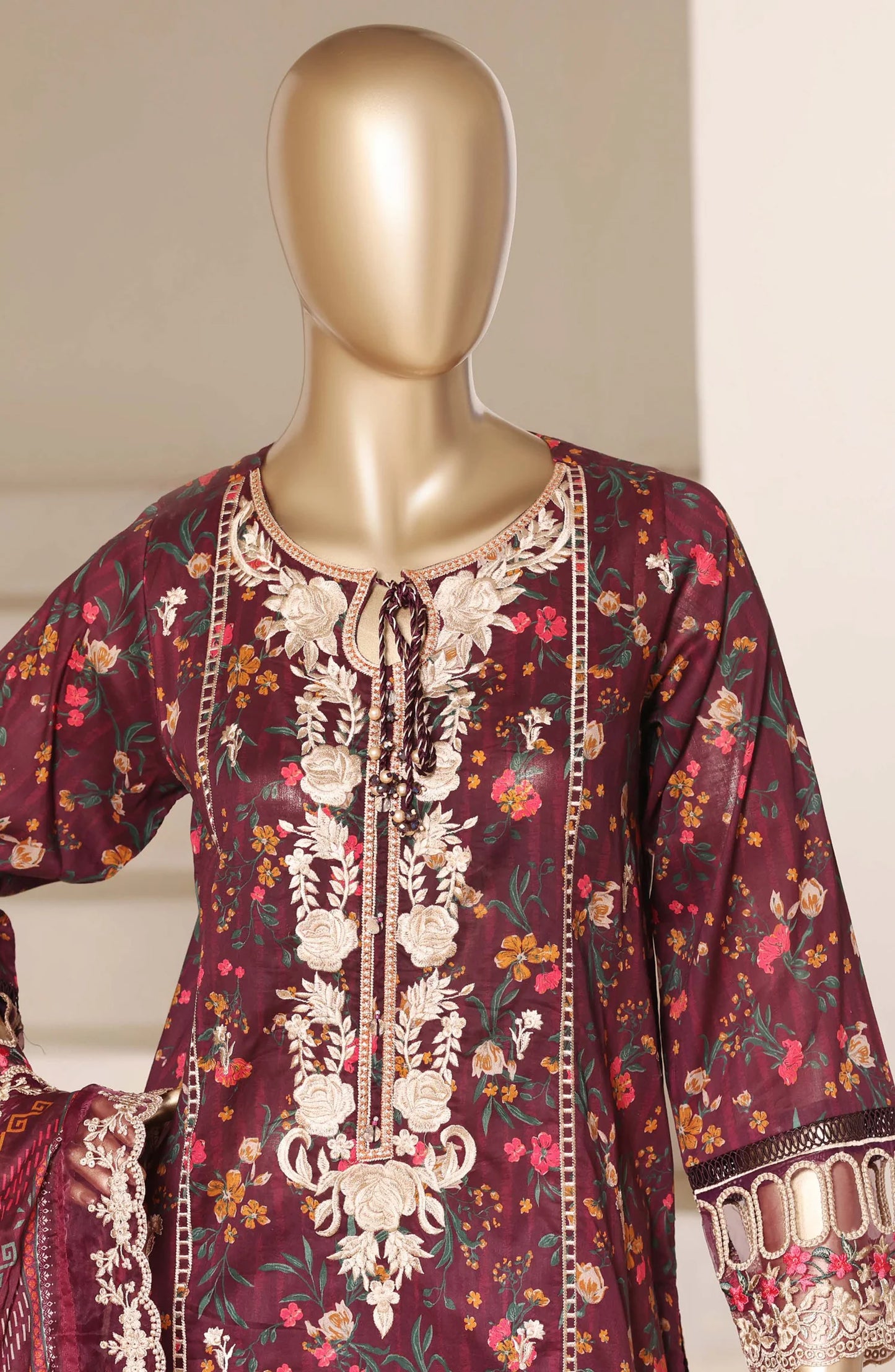 Sadabahar Signature Embroidered Lawn Cotton 3 Piece-Maroon