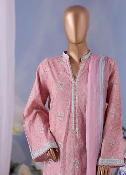 Bin Saeed Printed Lawn Cotton Suit with Chiffon Dupatta- Pink