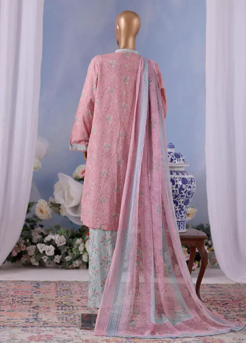 Bin Saeed Printed Lawn Cotton Suit with Chiffon Dupatta- Pink