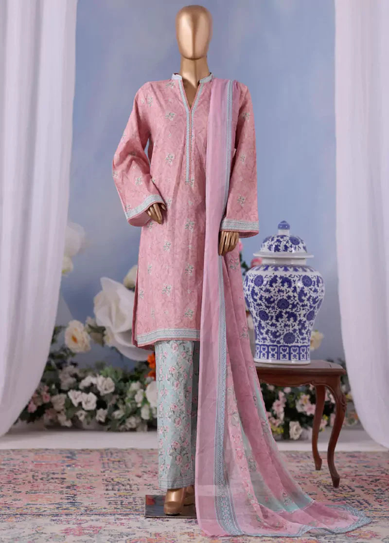 Bin Saeed Printed Lawn Cotton Suit with Chiffon Dupatta- Pink