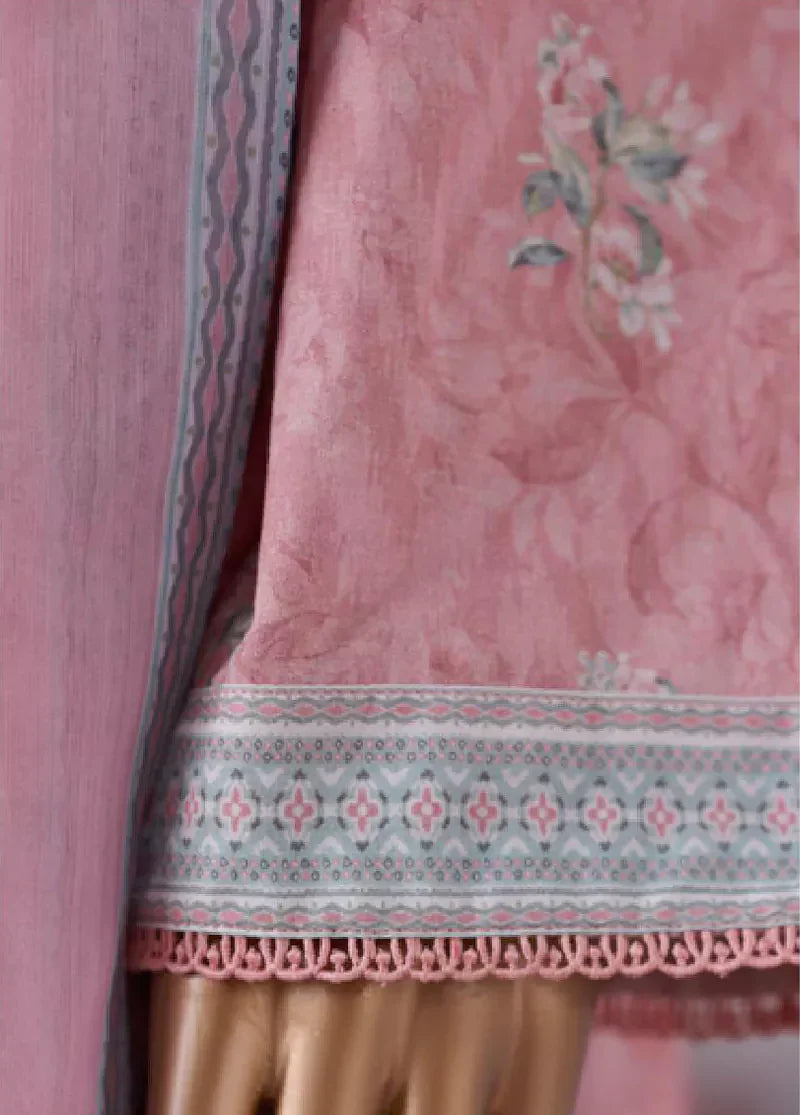Bin Saeed Printed Lawn Cotton Suit with Chiffon Dupatta- Pink