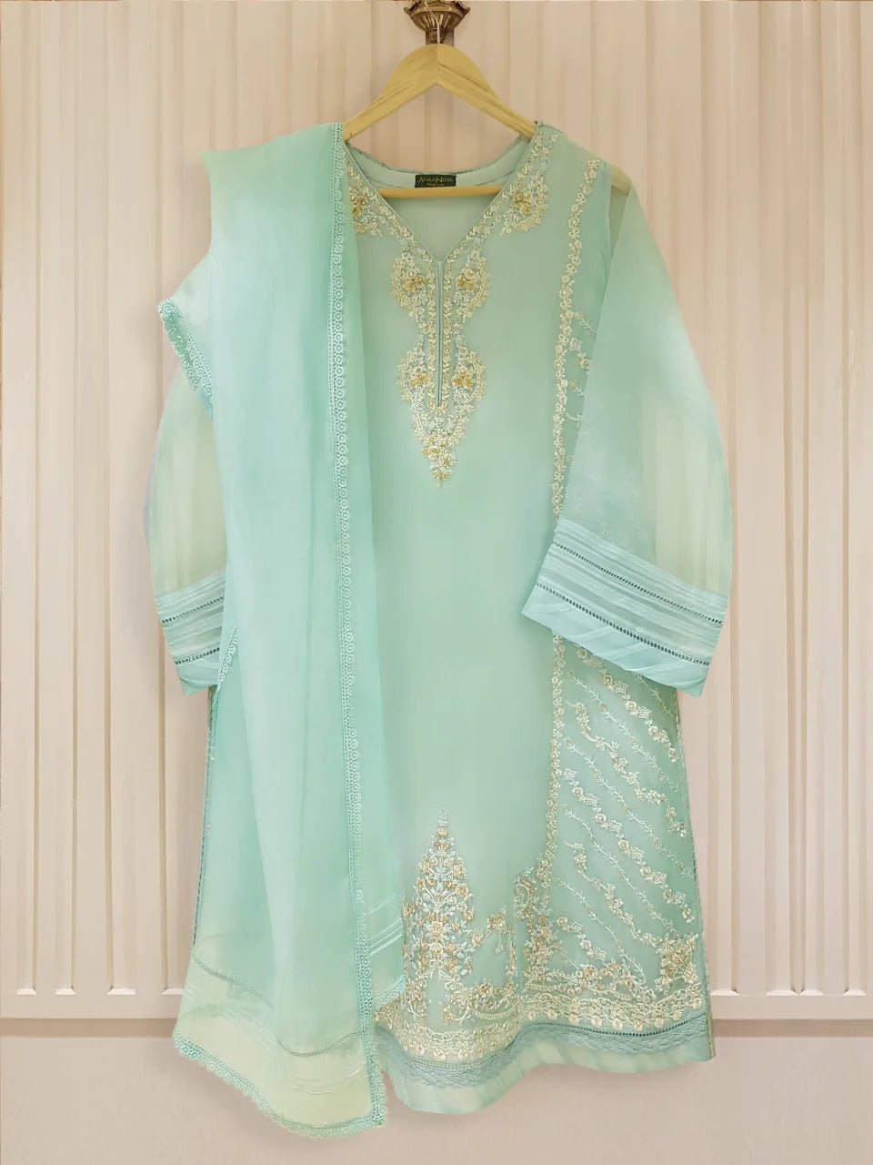 AGHANOOR THREE PIECE PURE ORGANZA EMBROIDERED SHIRT WITH DUPATTA