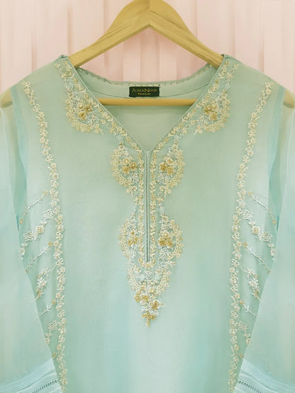 AGHANOOR THREE PIECE PURE ORGANZA EMBROIDERED SHIRT WITH DUPATTA