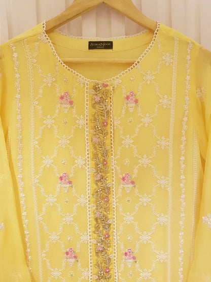 THREE PIECE 100% PURE CHIFFON HEAVILY EMBROIDERED SHIRT, RAW SILK PANT AND CHIFFON DUPATTA