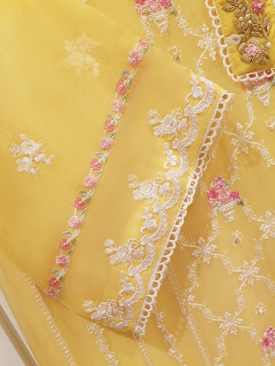 THREE PIECE 100% PURE CHIFFON HEAVILY EMBROIDERED SHIRT, RAW SILK PANT AND CHIFFON DUPATTA