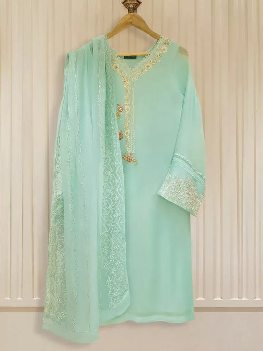 AGHANOOR THREE PIECE 100% PURE CHIFFON EMB SUIT