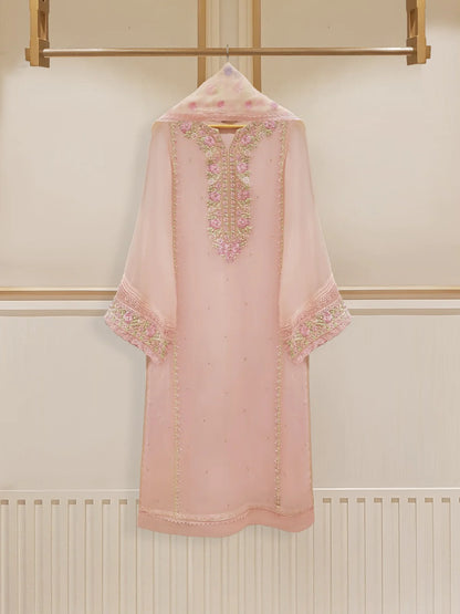 AGHANOOR TWO PIECE 100% PURE CHIFFON BEAUTIFUL EMBROIDERED SHIRT WITH DUPATTA