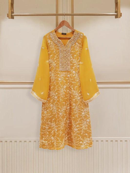 YELLOW PURE CHIFFON BEAUTIFUL EMBROIDERED SHIRT AND PANT