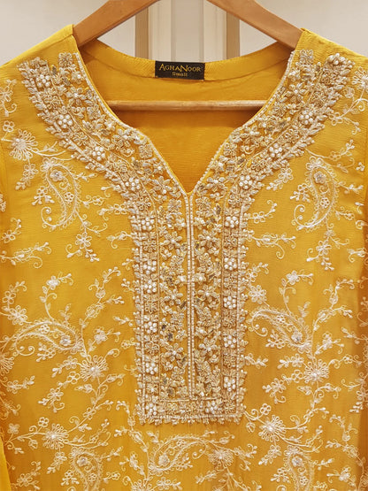 YELLOW PURE CHIFFON BEAUTIFUL EMBROIDERED SHIRT AND PANT