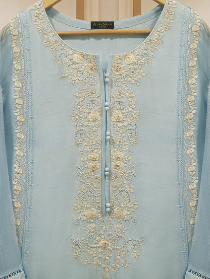 AGHANOOR THREE PIECE 100% PURE RAW SILK EMBROIDERED SHIRT WITH ORGANZA DUPATTA AND SILK PANT