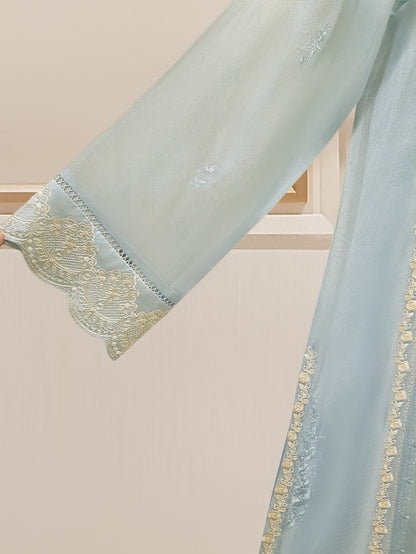 AGHANOOR THREE PIECE 100% PURE RAW SILK EMBROIDERED SHIRT WITH ORGANZA DUPATTA AND SILK PANT