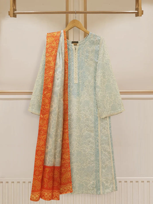 AGHANOOR PRINTED LAWN SUIT WITH SILK EMBROIDERED PANT AND DUPATTA