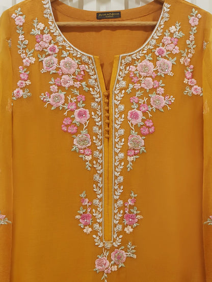 AGHANOOR 3 PIECE 100% PURE CHIFFON EMBROIDERED SHIRT, DUPATTA & SILK TROUSER