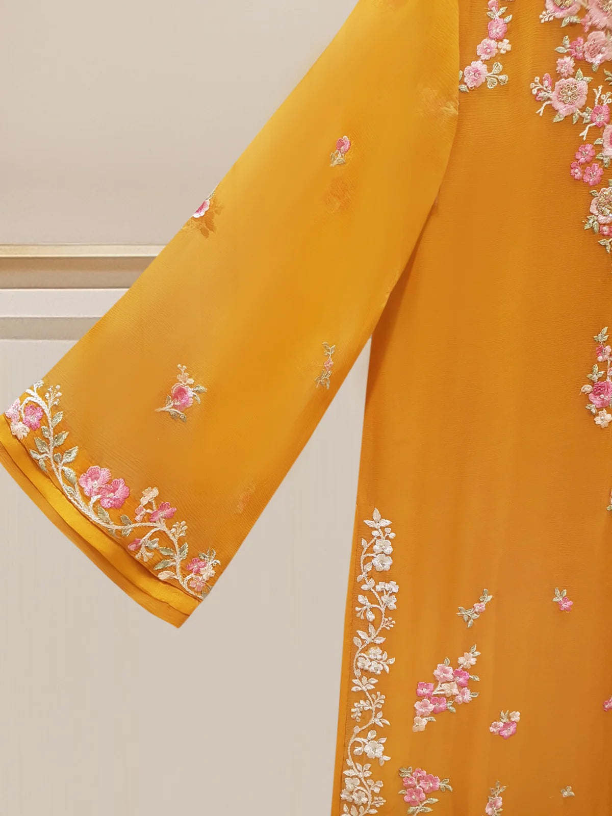 AGHANOOR 3 PIECE 100% PURE CHIFFON EMBROIDERED SHIRT, DUPATTA & SILK TROUSER