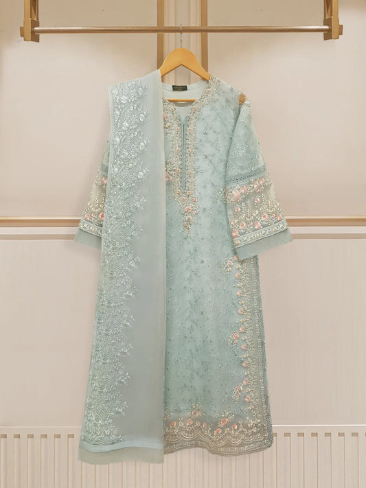 AGHANOOR 3 PIECE PURE ORGANZA EMBROIDERED SUIT