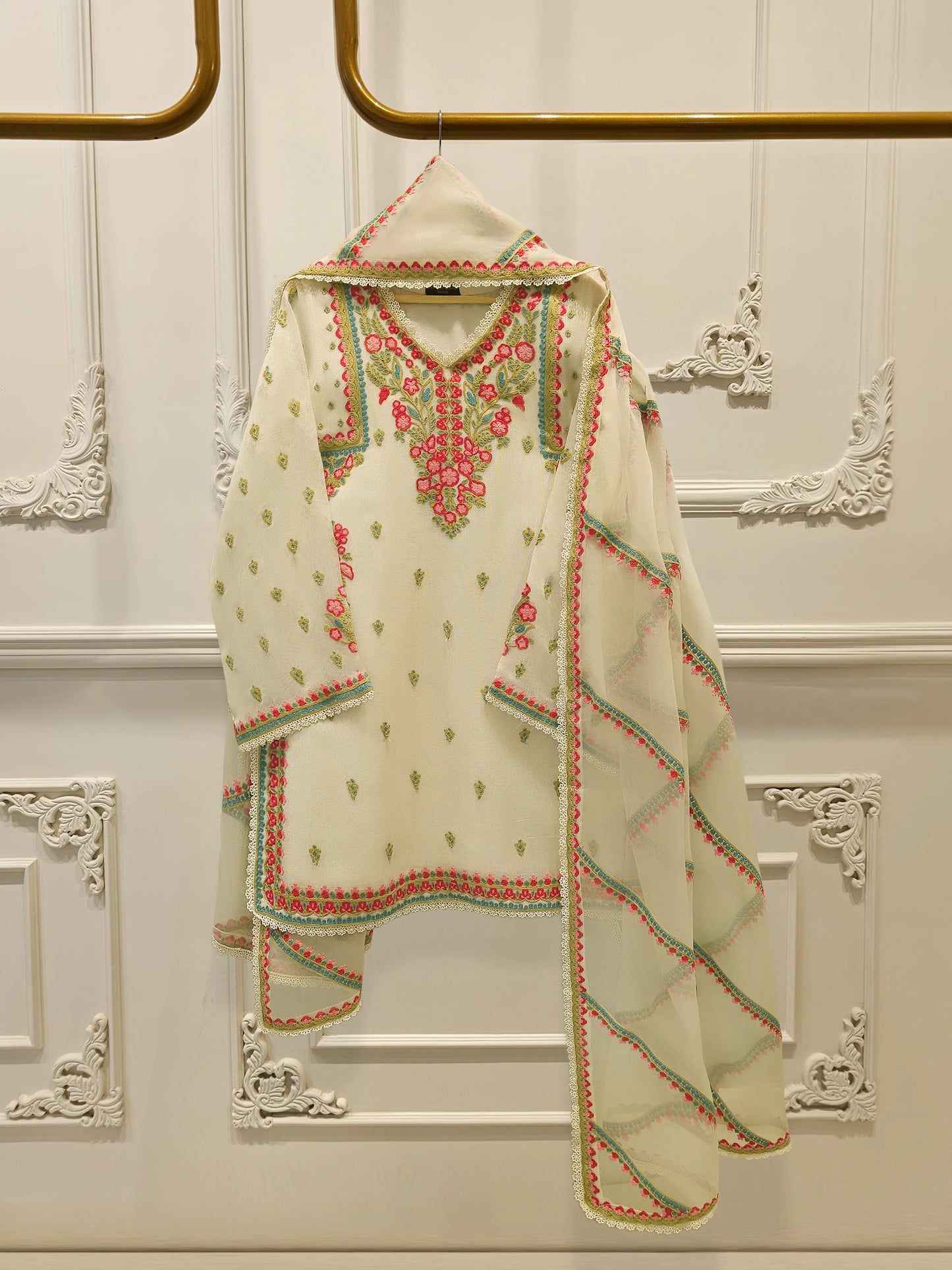 AGHANOOR COTTON NET EMB SHIRT & SILK Farshi Shalwar