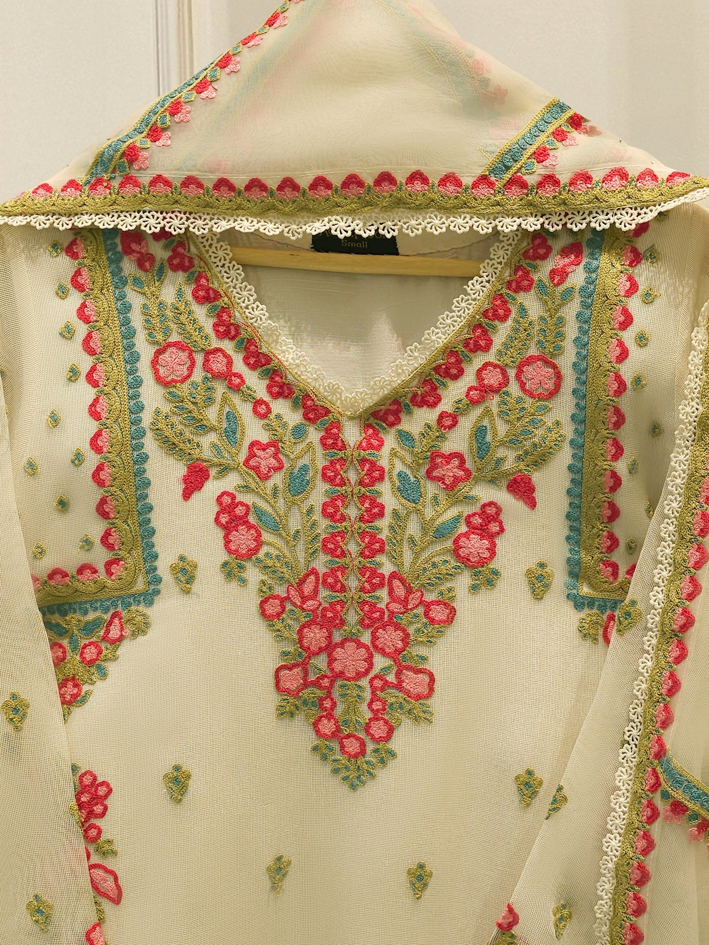 AGHANOOR COTTON NET EMB SHIRT & SILK Farshi Shalwar
