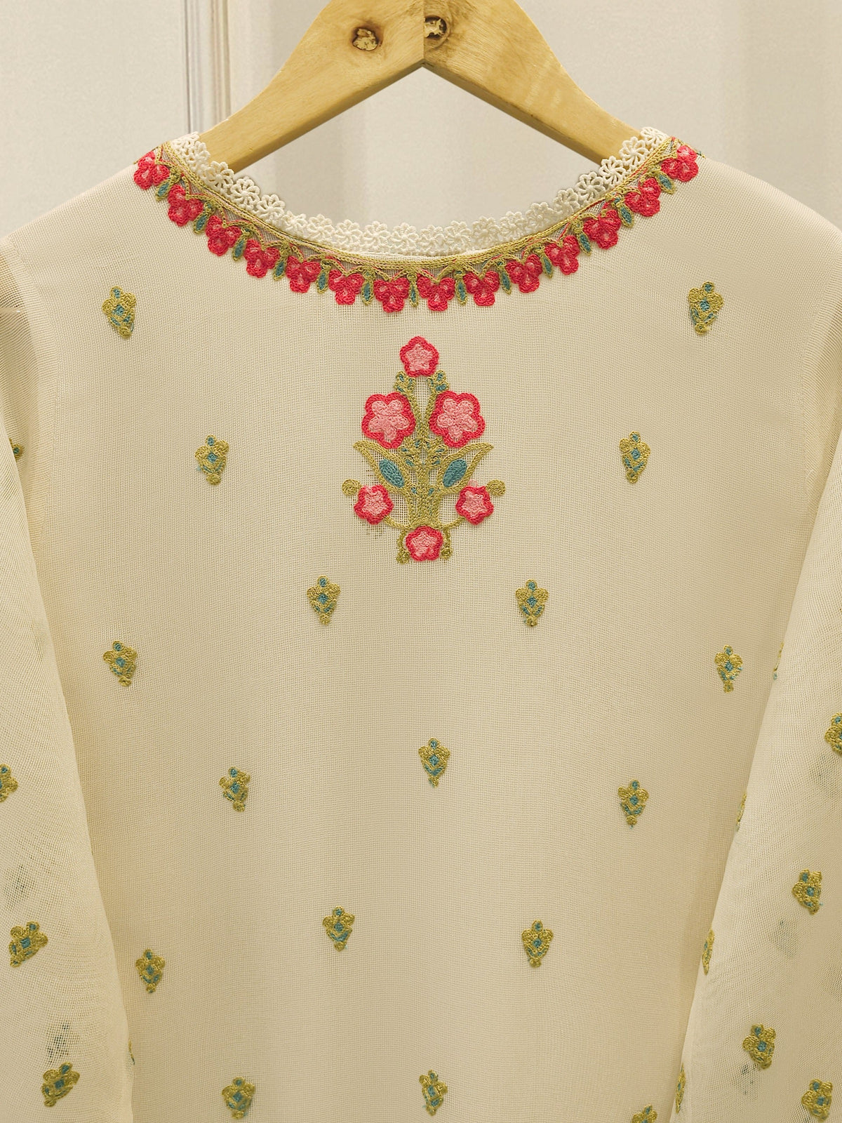 AGHANOOR COTTON NET EMB SHIRT & SILK FARSHI SHALWAR