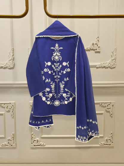 AGHANOOR COTTON NET EMB SHIRT,DUPATTA WITH FARSHI SILK TROUSERS