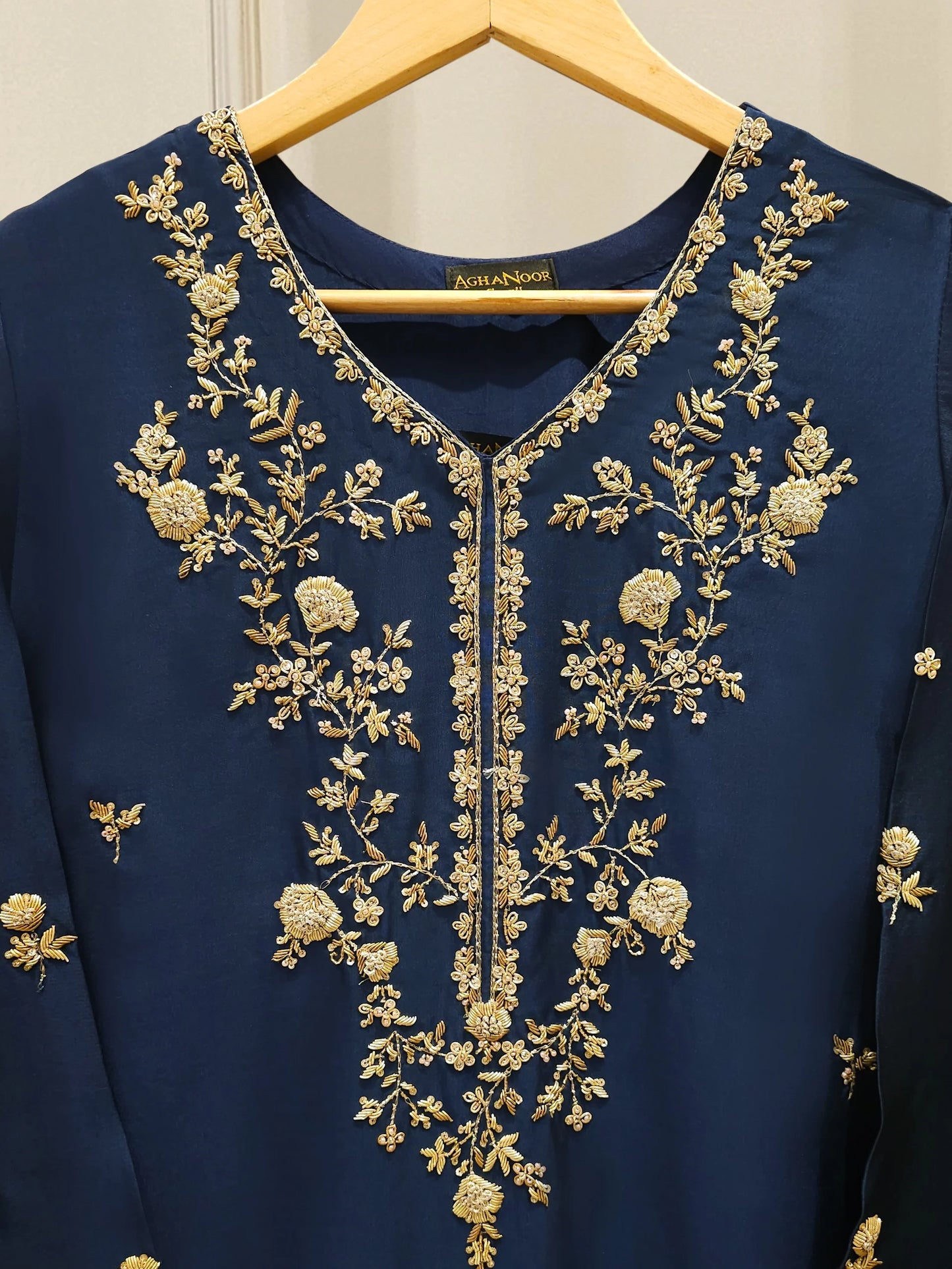 Aghanoor Embroidered Blue Seesha Silk 3 Piece Suit