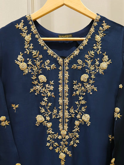 Aghanoor Embroidered Blue Seesha Silk 3 Piece Suit