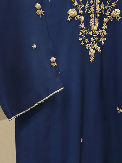 Aghanoor Embroidered Blue Seesha Silk 3 Piece Suit