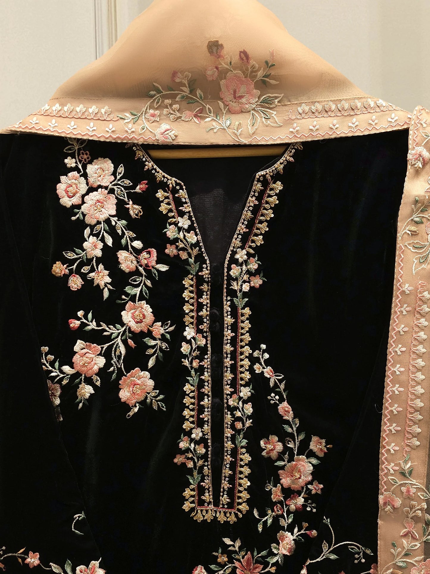 Aghanoor Embroidered Luxury Velvet 3 Piece -Black