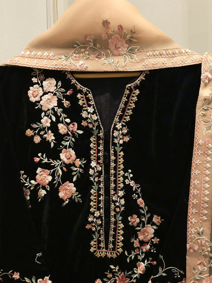 Aghanoor Embroidered Luxury Velvet 3 Piece -Black